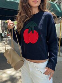 Sweater Wanita Warna Biru Tua dengan Bordir Tali 3D Motif Ceri, Lengan Panjang Longgar, Cocok untuk Kembali ke Sekolah, Musim Gugur/Dingin, Atasan Rajut - Navy Blue - View 1