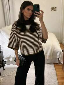 Women's Autumn New Color Block Striped Turtleneck Knit Sweater, Casual, College Style, Commuting - Dark Coffee - View 2
