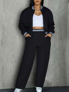 2pcs Women Striped Single-Breasted Baseball Jacket And Pants Outdoor Camping Sports Set Black Spring Elegant - Black - View 9