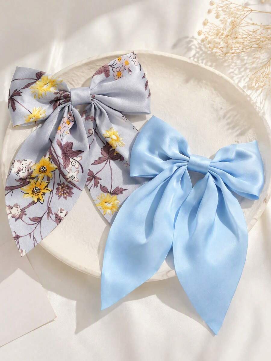 2pcs Light Blue Series Satin Floral Hair Clips Hair Accessories Tropical Print Casual Polyester Fiber All Season - Baby Blue - View 1