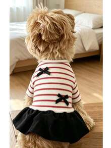 1pc Thickened Derong Short Sleeve Dog & Cat Dress, Simple Striped, Autumn/Winter, For Teddy, Pomeranian, Yorkshire Terrier, Bichon Frise, Pet Clothes - Red and White - View 1