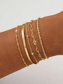 5pcs Fashionable Minimalist Stackable Bracelet Set, Decorated With Beaded Chain And Snake Bone Chain, Perfect For Women's Daily Casual Wear, Suitable For Daily, Commuting, Party, Gathering And Other Occasions (Bead Quantity Not Fixed, Length Fixed) - Gold - View 1