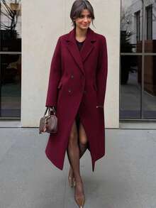 Winter Double-Breasted Wool Long Coat, Blazer Lapel, Side Pockets, Knee-Length, Loose Fit, Commuter Wool Jacket - Burgundy - View 10