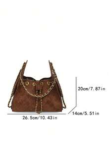 Vintage Motorcycle Style Chain Tote Bag, Metal Chain Shoulder Strap With Round Ring Hole Design, Contrast Stitching Outlining The Bag Body, Multi-Pocket Structure, Ample Storage Space, Suitable For Daily Outings, Creating A Sweet And Cool Vintage Vibe Outfit - Brown - View 2