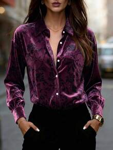 Women's Purple Velour Floral Jacquard Button Front Collared Long Sleeve Shirt For Business, Office, Commute, Vacation, Holiday, Spring Fall Winter - Dark Purple - View 1