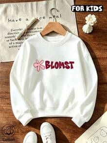 Girls Blomst Slogan Pink Flower Print Crew Neck Sweatshirt, Kids Casual Long Sleeve Fleece Pullover - White - View 1