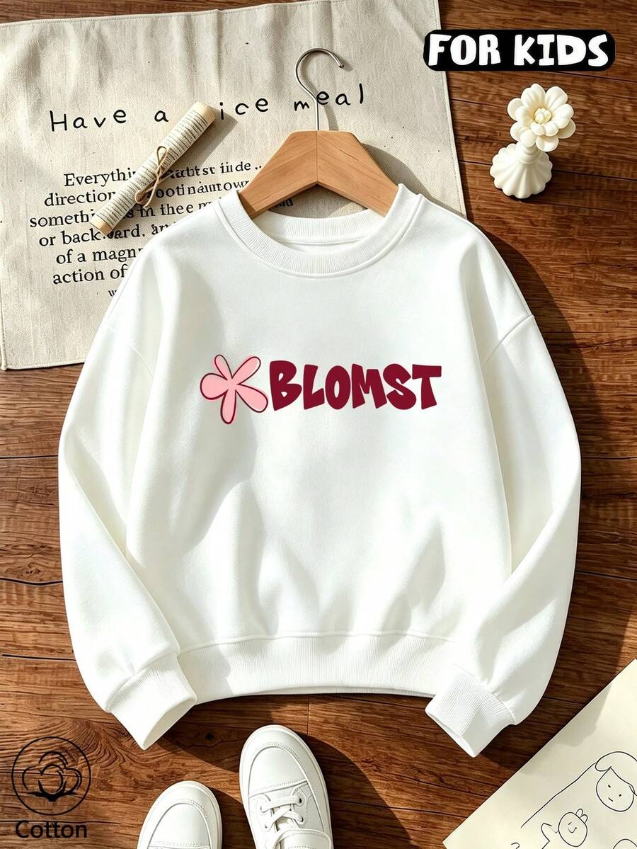 Girls Blomst Slogan Pink Flower Print Crew Neck Sweatshirt, Kids Casual Long Sleeve Fleece Pullover - White - View 1