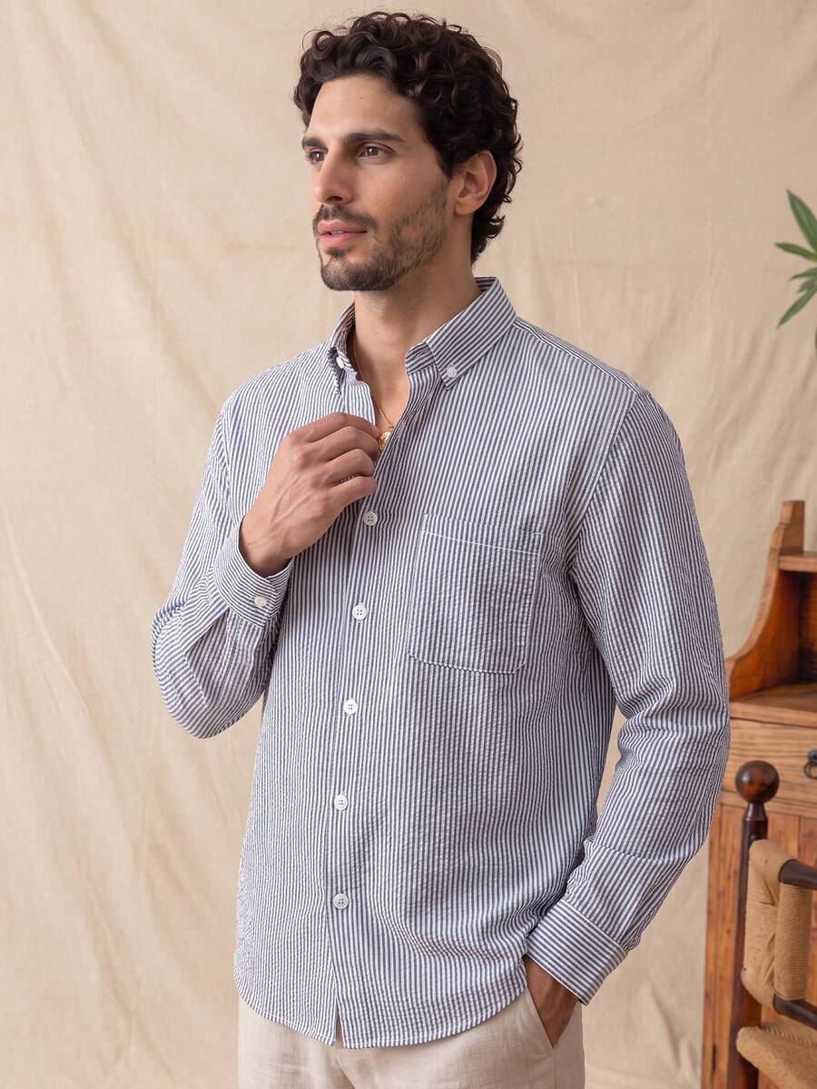 glestore Men's Retro-Style Blue-And-White Striped Long-Sleeve Shirt, Fashionable And Versatile For Commuting And Formal Wear - Blue and White - View 1