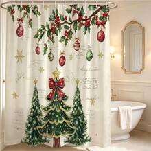 1pc Christmas Tree & Christmas Ball Shower Curtain, Vintage Design, Waterproof Bath Curtain, Suitable For Bathtub Partition, Bathroom Decor And Bathroom Accessories, Home Decor Gift, Includes 12 Hooks - Multicolor - View 1