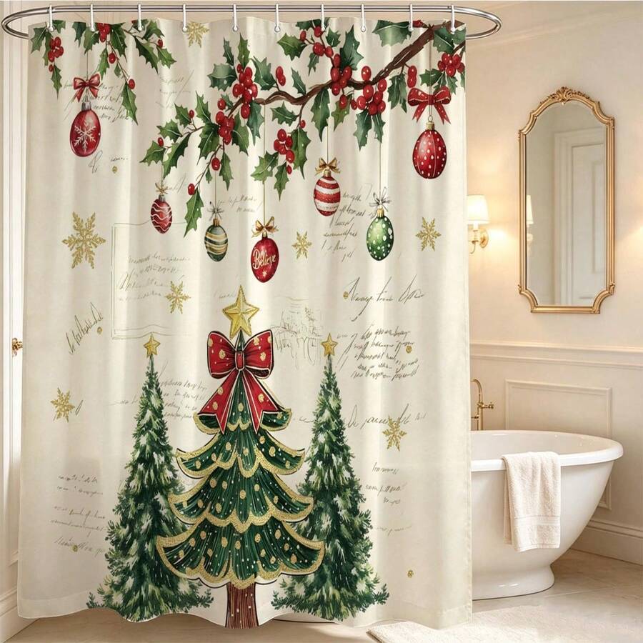 1pc Christmas Tree & Christmas Ball Shower Curtain, Vintage Design, Waterproof Bath Curtain, Suitable For Bathtub Partition, Bathroom Decor And Bathroom Accessories, Home Decor Gift, Includes 12 Hooks - Multicolor - View 1