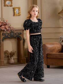 Tween Girl Black Sequin Tulle Party Dress 2-Piece Set, Suitable For Important Occasions, Holidays, Birthday Parties - Black - View 3