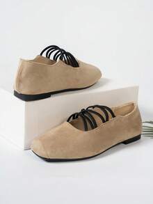 Ladies' Cross Elastic Band Design Ballet Shoes, Fashionable And Simple Square Toe Flat Sole Shoes, Daily Lightweight And Versatile Casual Shoes - Khaki - View 6