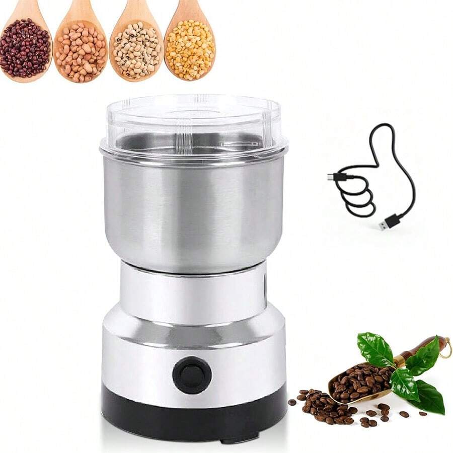 Quick Grinding USB Rechargeable Portable Coffee Bean Grinder, Electric Smash Machine, Multifunction Small Food Grinder, Grain Grinder, Suitable For Home, Office, Exquisite Christmas Birthday Kitchen Gift For Coffee Lovers - Silver - View 1