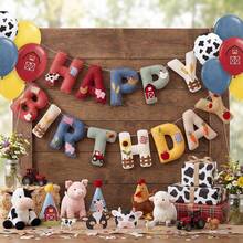 2D Flat Farm And Forest Animal Theme Felt Happy Birthday Banner Set, Rustic And Forest Animal Bunting Decoration DIY Birthday Party Wall Decor - A - View 3