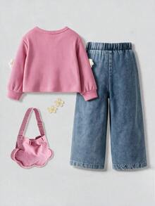 2pcs Baby Girl Cute Sweet Style 3D Towel Embroidery Floral Decor Ribbed V-Neck Cardigan Top & Washed Denim Patchwork Straight Leg Pants Set, Spring/Autumn - Mauve Purple - View 3