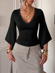 Women's Elegant Deep V-Neck Short Top, 3/4 Flare Sleeves, Fitted Ruched Waist, Basic T-Shirt Suitable For Casual Daily Wear - Black - View 4