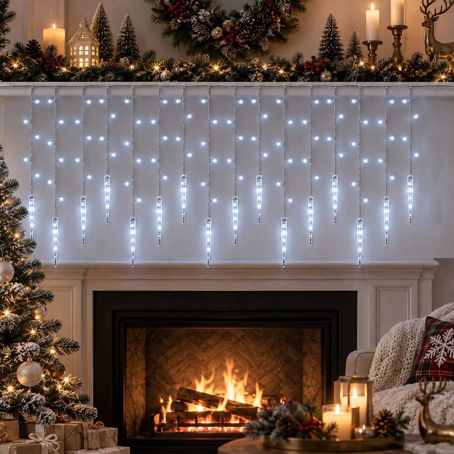 1pc Christmas Decorations 96 LED Icicle Lights With Drops Ice Drop Pendant Curtain String Lights USB Powered & Remote Control 8 Modes 3 Color For Home Indoor Outdoor New Year Holiday Window Party Wedding Decor - Multicolor - View 1