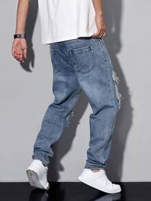 青少年男孩街頭風破洞牛仔長褲，附口袋 - 中等水洗藍 - 查看 4