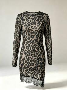 Teen Girls Spicy Style Retro Leopard Print Long Sleeve Dress, Lace Trim Patchwork Asymmetrical Hem Snug Fit Mini Dress, Slim Fit Party Gathering Base Dress - Multicolor - View 2