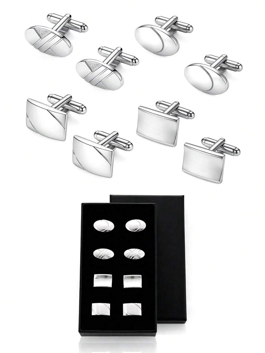 2/8pcs Men Geometric Cufflinks Set, Oval & Rectangular Polished, Classic Business Formal Alloy Shirt Cuff Links, All Season Wedding Suit Gift Accessory - Silver - View 1