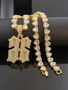 European & American Hip Hop Full Rhinestone Reverse Number 66 Pendant Necklace, Heart Tennis Chain, Unisex Street Rap Cool Fashion Accessory Gift - Reverse Number 6 - View 13