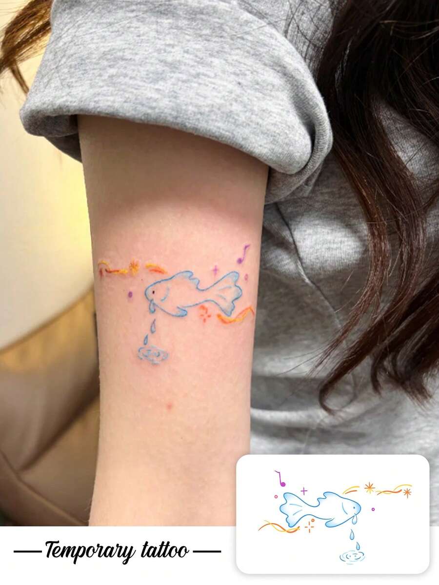 1pc Temporary Tattoo, Cartoon Hand Drawn Fish With Music Notes & Water Splash Pattern, Realistic Fake Tattoo Design, For Daily, Bachelorette Party Favors, Music Festival, Game, Graduation Gift, Lasts 3-5 Days - Multicolor - View 1