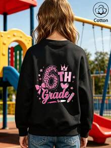 Girls' Cute Printed Drop-Shoulder Round-Neck Long-Sleeve Casual Sports Sweatshirt - Black - View 10