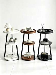1pc 3-Tier Round Side Table, Wood Grain Tabletop With Metal Frame, Stable Structure, Space-Saving, Easy Assembly, Multi-Layer Storage End Table, Suitable For Living Room, Bedroom, Balcony And Apartment. - Multicolor - View 10