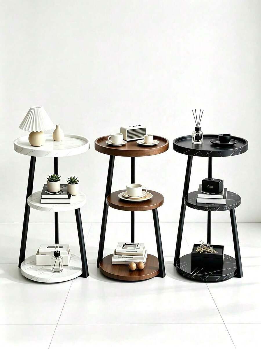 1pc 3-Tier Round Side Table, Wood Grain Tabletop With Metal Frame, Stable Structure, Space-Saving, Easy Assembly, Multi-Layer Storage End Table, Suitable For Living Room, Bedroom, Balcony And Apartment. - Multicolor - View 1