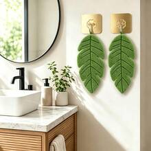 4pcs Banana Leaf Pattern Hand Towel Set, Includes 2 Coral Fleece Leaf Hand Towels And 2 Wall-Mounted Hooks, Soft, Absorbent, Quick-Drying, Hangable, Suitable For Kitchen, Bathroom Use, Also As Home Decor, Especially For Plant Lovers - Mint Green - View 4