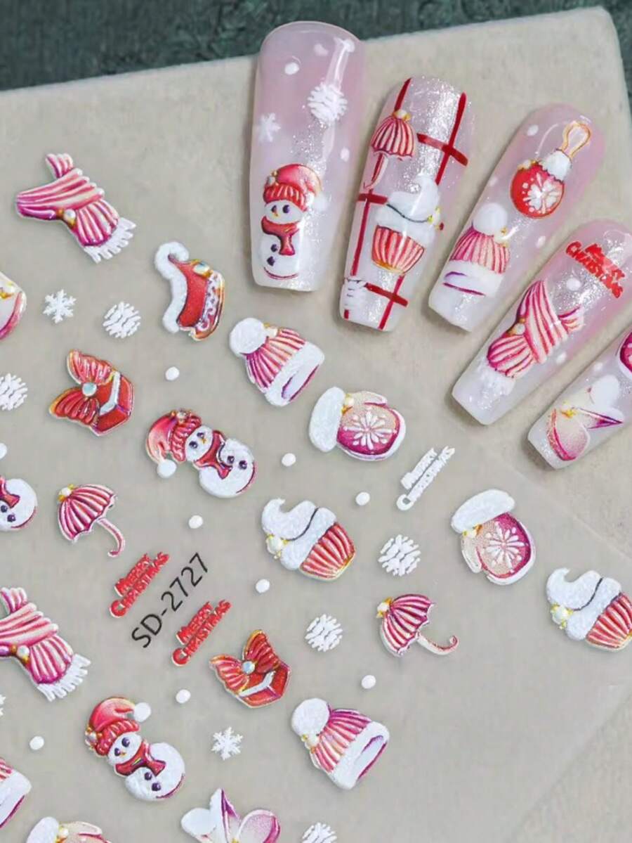 1pc Fall Winter Christmas Embossed Nail Stickers Snowman Scarf Hat Socks Cupcake Pattern Winter Christmas Nail Decals Salon Style DIY Decoration - Multicolor - View 1