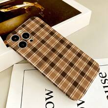 1pc Vintage Brown Coffee Earth Tone Plaid Film Phone Case, Autumn/Winter British Style Matte Texture Precise Cut Full Coverage Anti-Scratch Hard Protective Shell, Compatible With IPhone17/17Pro/17ProMax/16/16Plus/16ProMax/16e/15ProMax/11/12/12Pro/12ProMax/13/13Pro/13ProMax/14/14Pro/14ProMax - Film-fine Hole - View 2