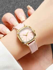 Women's Fresh Petite Thin PU Strap Quartz Watch, Minimalist Square Dial With Markings, Small Face, Suitable For Girls And Students For Daily Wear, Gift Watch (1pc/Set) Watch Box Not Included - Pink - View 2