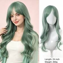 1 Piece Synthetic Heat-Resistant Straight Hair 28 Inch Long Straight Mint Blue Wig Middle Part Bangs Natural Looking Soft Heat Resistant Wigs For Party Daily Use, Halloween - Multicolor - View 11