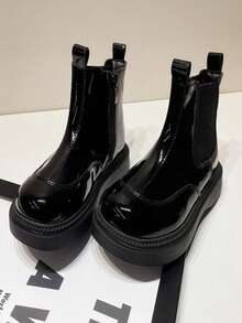 Toddler Shiny Chelsea Ankle Boots, Elastic Side Zipper, Thick Sole, Anti-Slip, Simple Fashion Boots - Black - View 2