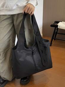 1pc Solid Color Button Decor Tote Bag Nylon Large Capacity Casual Versatile Shoulder Bag For Women Daily Commute - A - View 4
