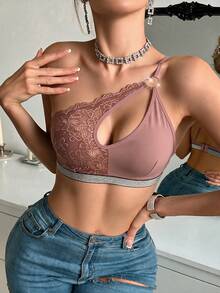 女款性感不對稱肩設計蕾絲拼接內衣 - 粉色 - 查看 4