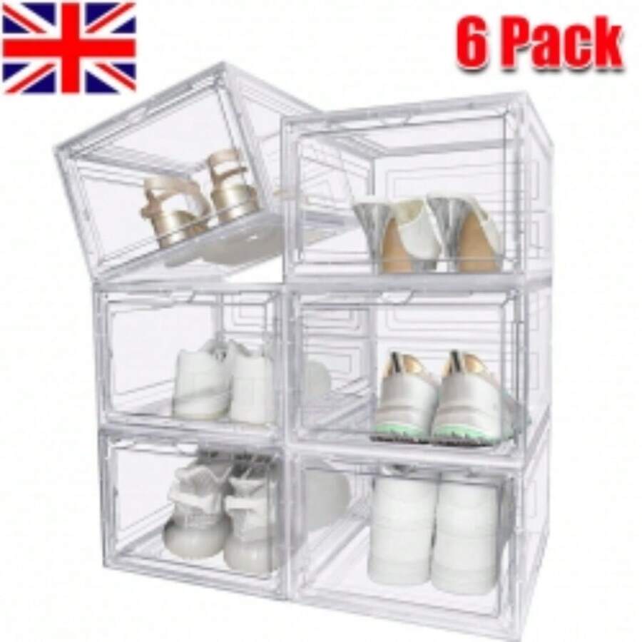 6 Pack Transparent Shoe Storage Boxes Hard Plastic Stackable Shoe Box Organiser - GB105 - View 1