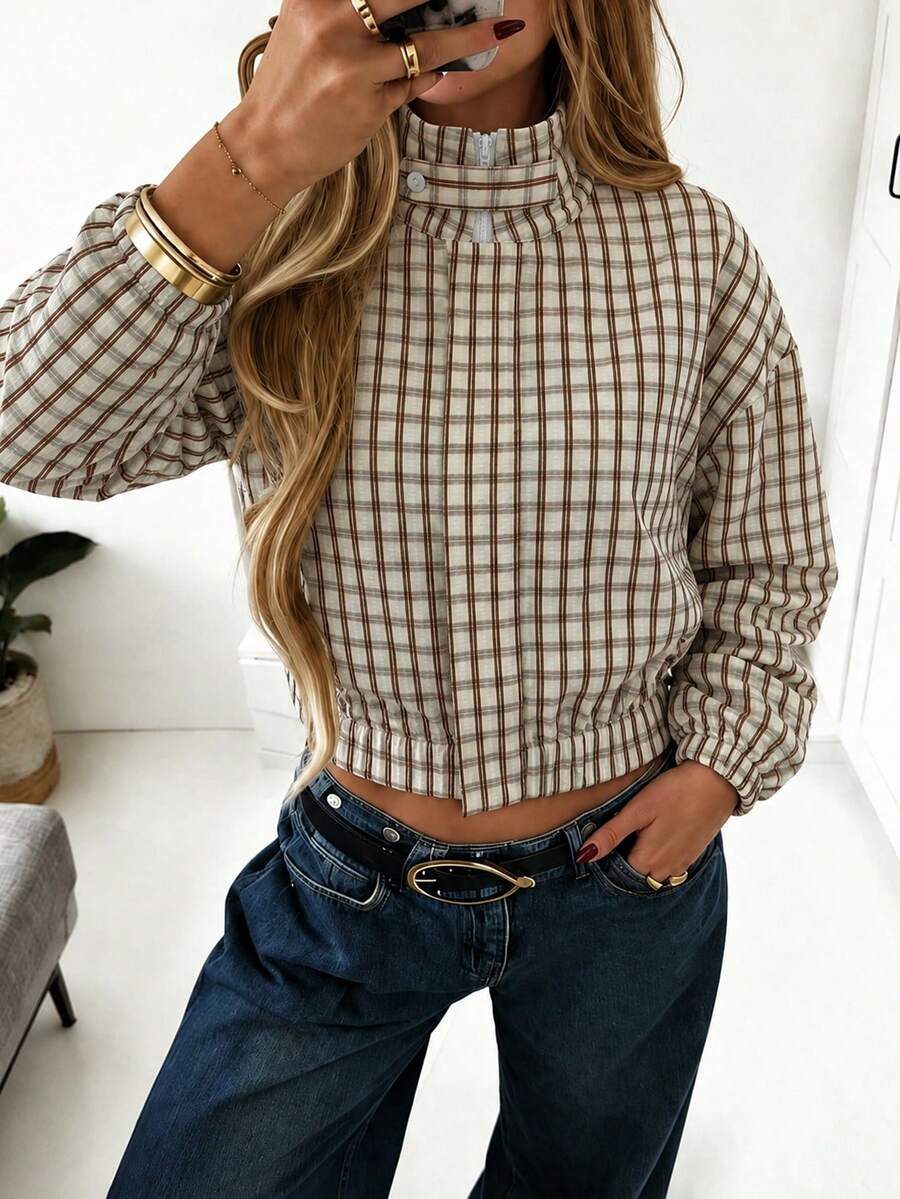 Women's Vintage Plaid Long Sleeve Jacket, Stand Collar, Zipper & Button Front Short Jacket, Perfect Fashion Choice For Autumn - Multicolor - View 1
