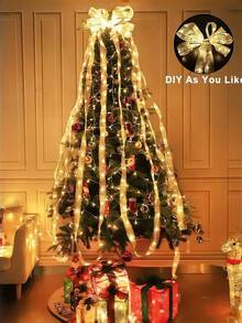 1pc Christmas Ribbon Warm Color, Battery-Powered LED Warm White String Lights DIY Decoration Christmas Tree Hanging Ornament Christmas Tree Ribbon, LED Flashing String Lights, Battery-Powered Fairy Lights, Colorful Ribbon Lights Christmas Tree Decoration Arrangement Double Layer Christmas Ribbon, Christmas Decoration Lights, Indoor/Outdoor Curtain String Lights, Party Hanging Lights (Battery Not Included) - S26 Ribbon - View 6