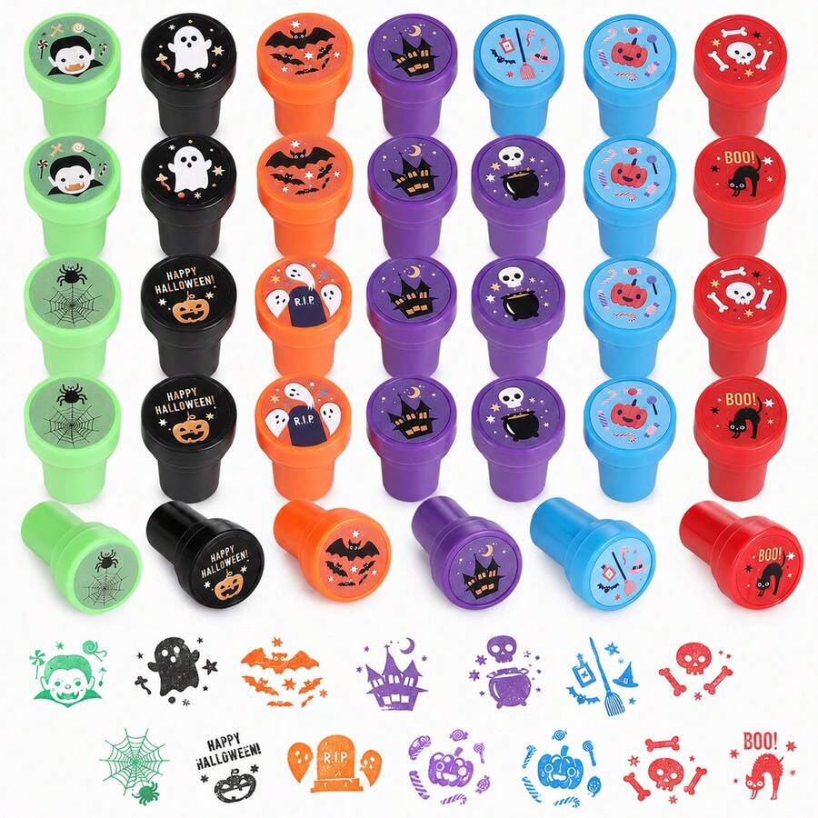 6/12/24/48 Pcs Kit Stempel Otomatis Aneka Warna Halloween dengan 12 Desain Stempel Plastik Berwarna Cerah dan Menyenangkan untuk Anak-anak, Suvenir Pesta Halloween, Pengisi Tas Bingkisan Halloween, Hadiah Kelas Halloween, Warna dan Gaya Acak - hallowen - View 1