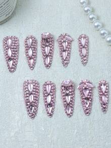CrystalHola Fall/Winter Nails,Handmade Almond-Shaped Nails, Y2K, Pink Nails With Full Coverage Rhinestone, French Tip Nail, Pure Handmade Nails. Suitable For Girls.Fits Parties,Weddings, And Daily Wear. A Great Gift For Girls And Women.Handmade False Nails - Multicolor - View 12