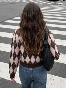 女款新款秋季針織開襟衫，復古優雅休閒學院風 - 棕色拼淺粉色 - 查看 8