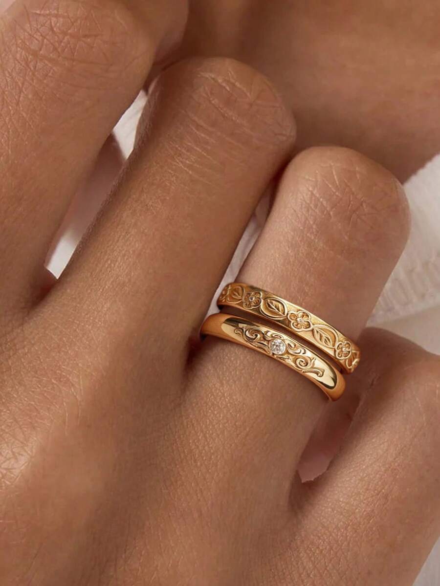 1pc 18K Gold Plated Luxury Diamond Ring, Vintage Equidistant Inlaid Diamond Ring Band, Suitable For Women And Girls For Festivals, Parties, Daily Wear, Jewelry Gift - Yellow Gold - View 1