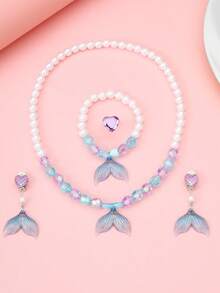 5pcs/Set Girls Mermaid Princess Jewelry Set, Faux Pearl Beaded Necklace, Bracelet, Ring, Ear Clips, Cute Party Gift For Girls - Multicolor - View 7