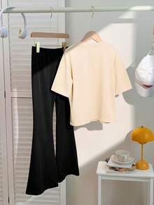 2pcs Round-Neck Short-Sleeve T-Shirt With A Printed Pattern Of A Capybara Drinking Milk Tea And Simple Flared Pants, New Summer Comfortable Set - Apricot - View 3