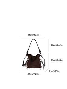 low tea 1pc Small Bucket Suede Crossbody Bag With Adjustable Strap, Suitable For Commuting, Shopping, Etc. (With Pendant) - Coffee - View 3