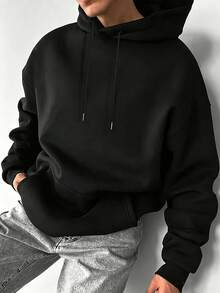 Sudadera con capucha casual y versátil para hombres con bolsillo canguro, cordón y estampado de eslogan "Limitless", para otoño/invierno - Negro - Ver 2