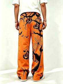 Halloween Aesthetic Orange Pumpkin Bat Spider Web Print Elastic Waist Band Pants, Dark Ghost Tree Pattern Loose Casual Holiday Party Pants - Orange - View 2