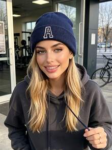 1pc Custom A-Z Embroidered Letter Ribbed Knit Beanie,Unisex Y2K Streetwear Aesthetic, Winter Warm Soft Outdoor Ski Commute Cap, Christmas New Year - Navy Blue - View 3